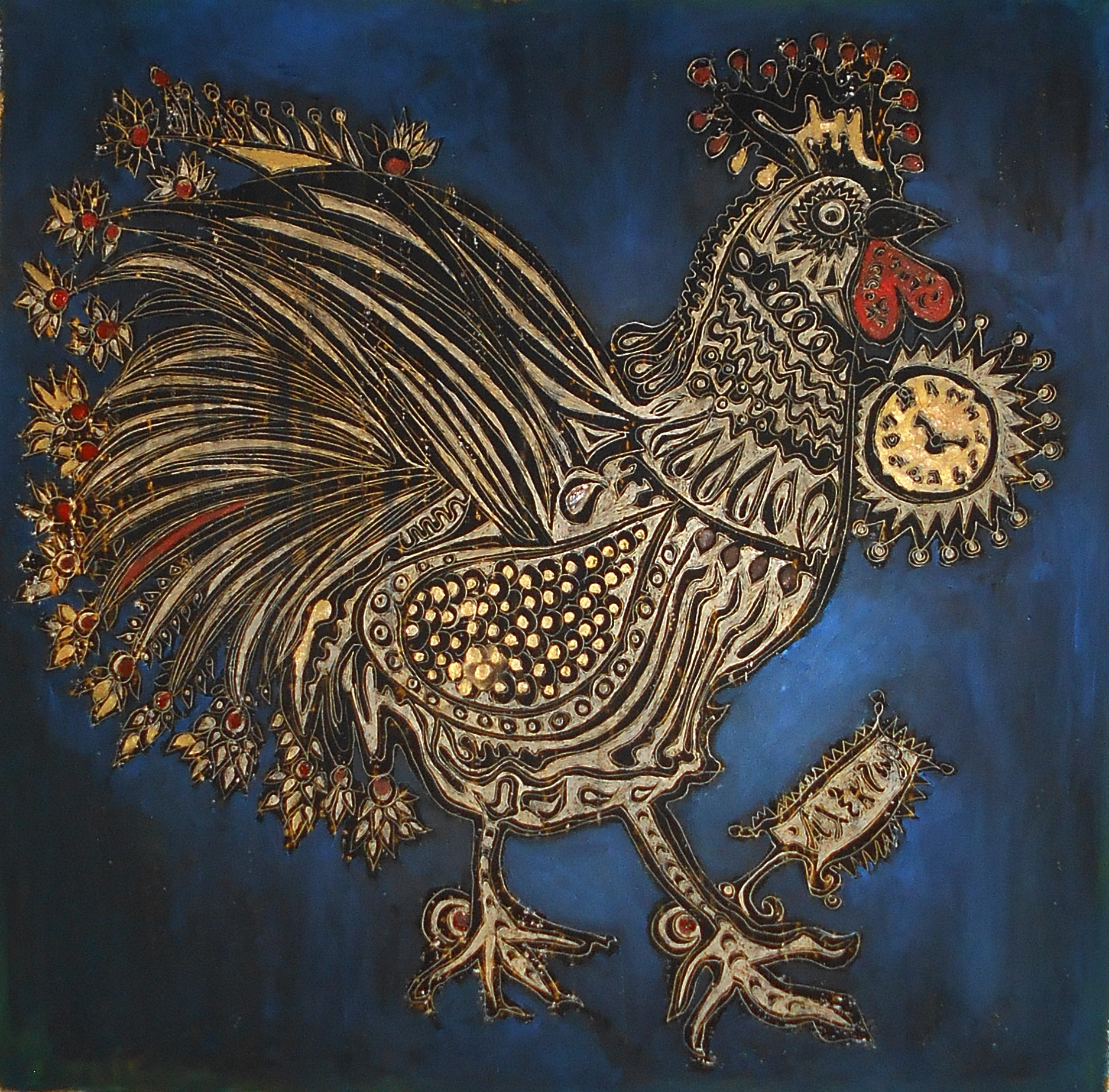 13.The rooster, 70x70, mixed media on cardboard, 2020,1200 euro