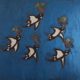 Swallows in cretan sky, 70x70, mixed media on cardboard, 2023