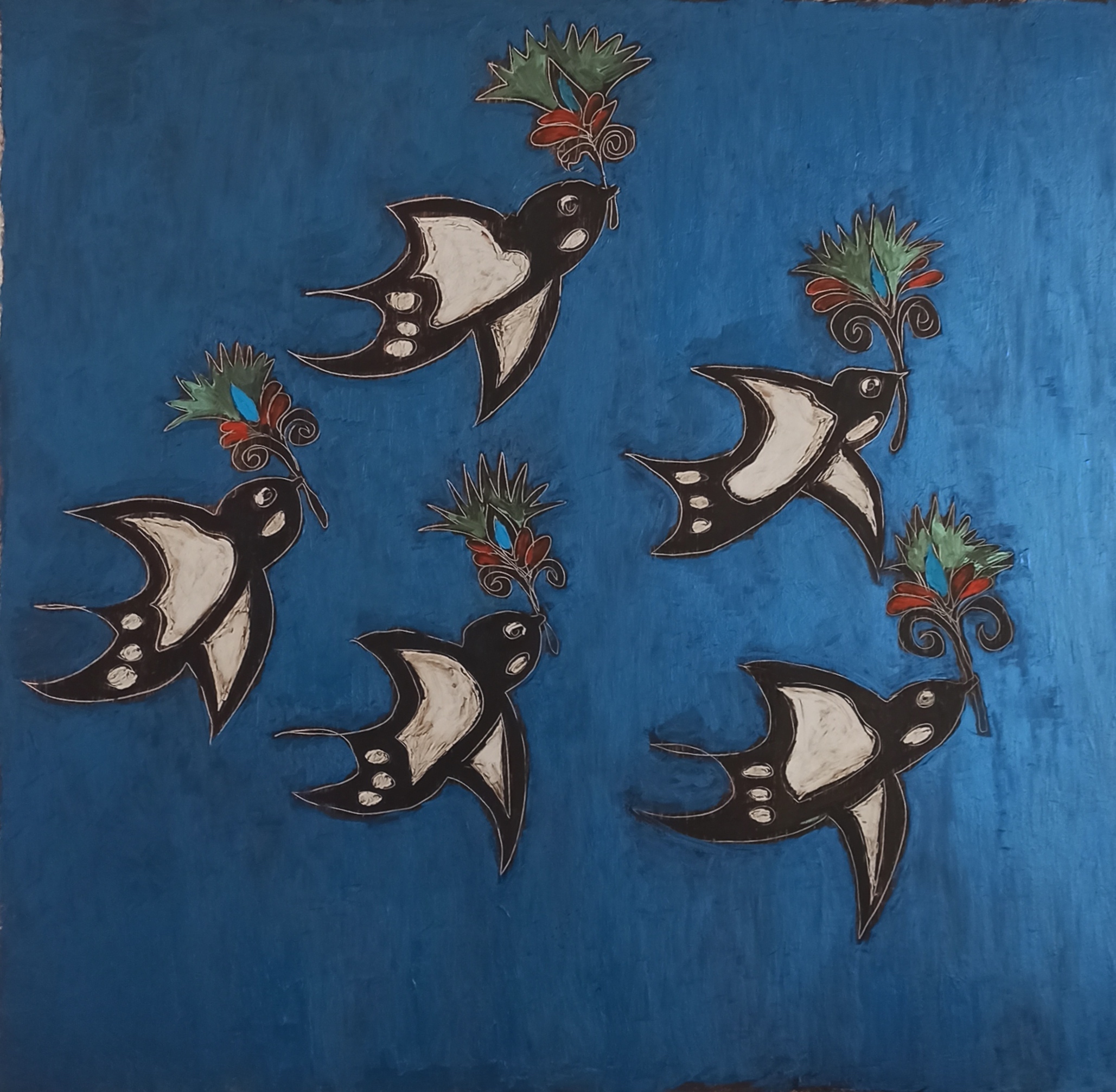 45.Swallows in cretan sky, 70x70, mixed media on cardboard, 700 euro