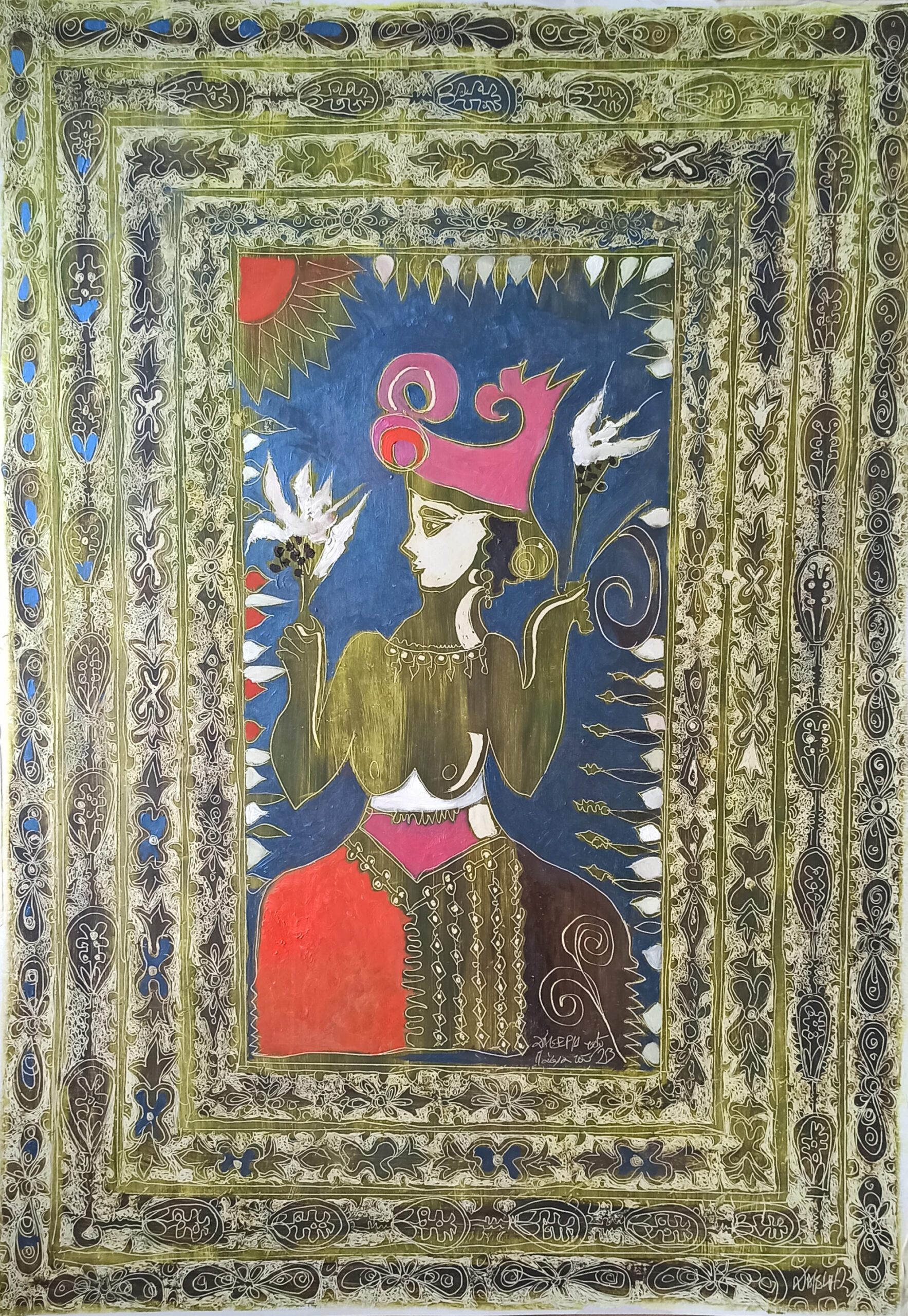 Cretan princess, 70x100, mixed media on cardboard, 2023