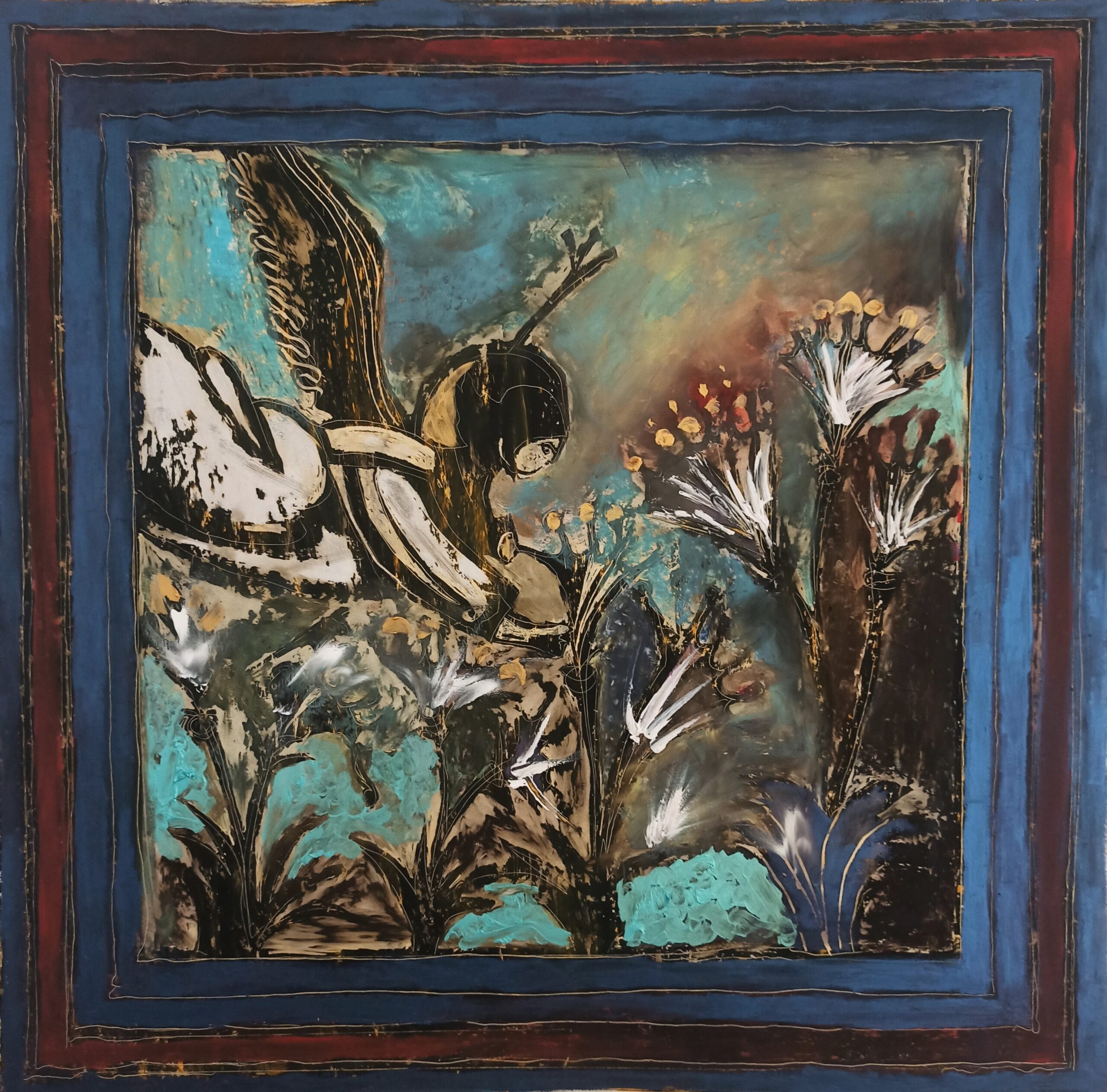 -Angel in a garden with lilies, 70x70, mixed media on cardboard, 2023, 900 euro, print 120 euro