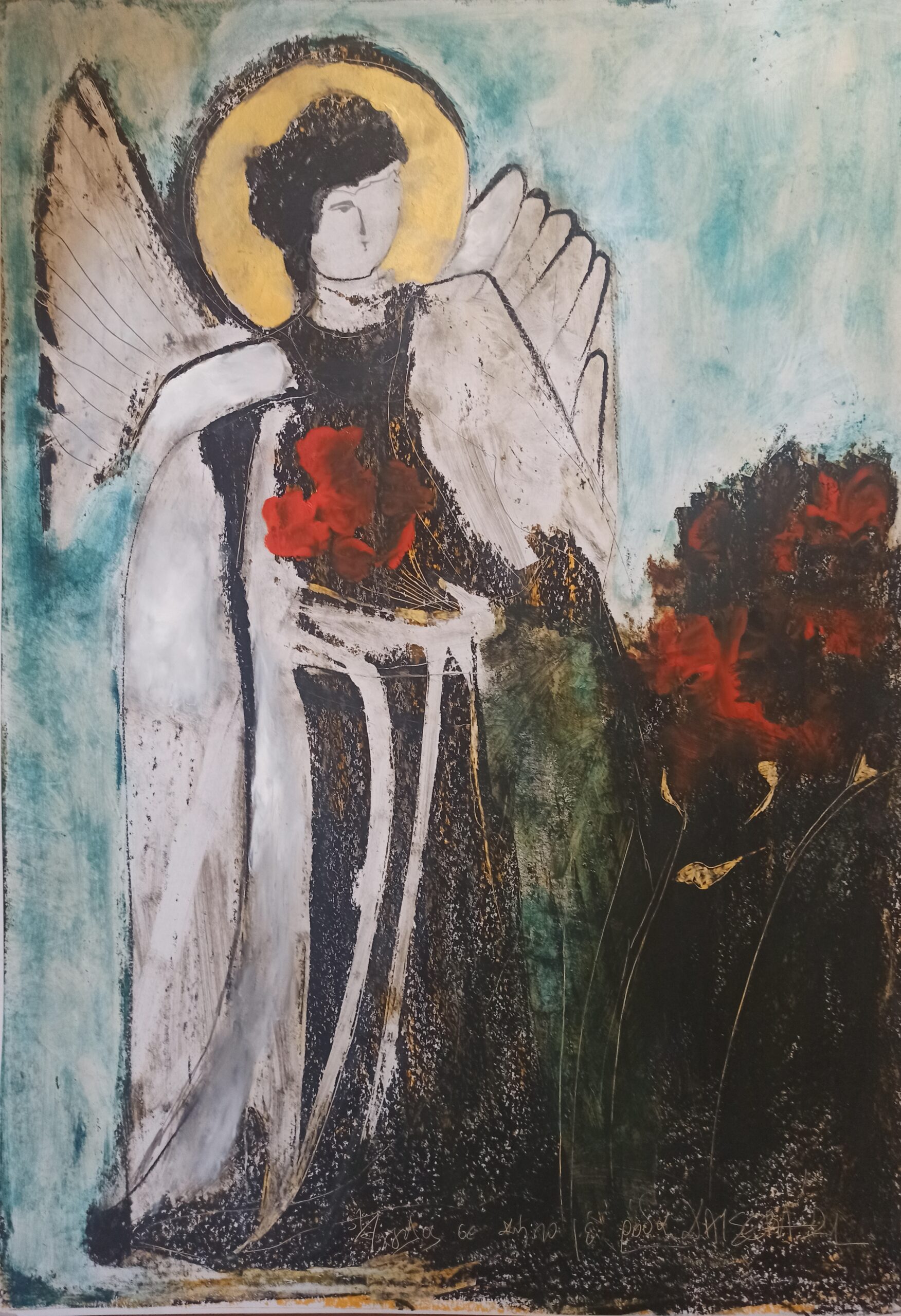 Angel in a garden with roses, 70x100, mixed media on cardboard, 2021, 180 euro